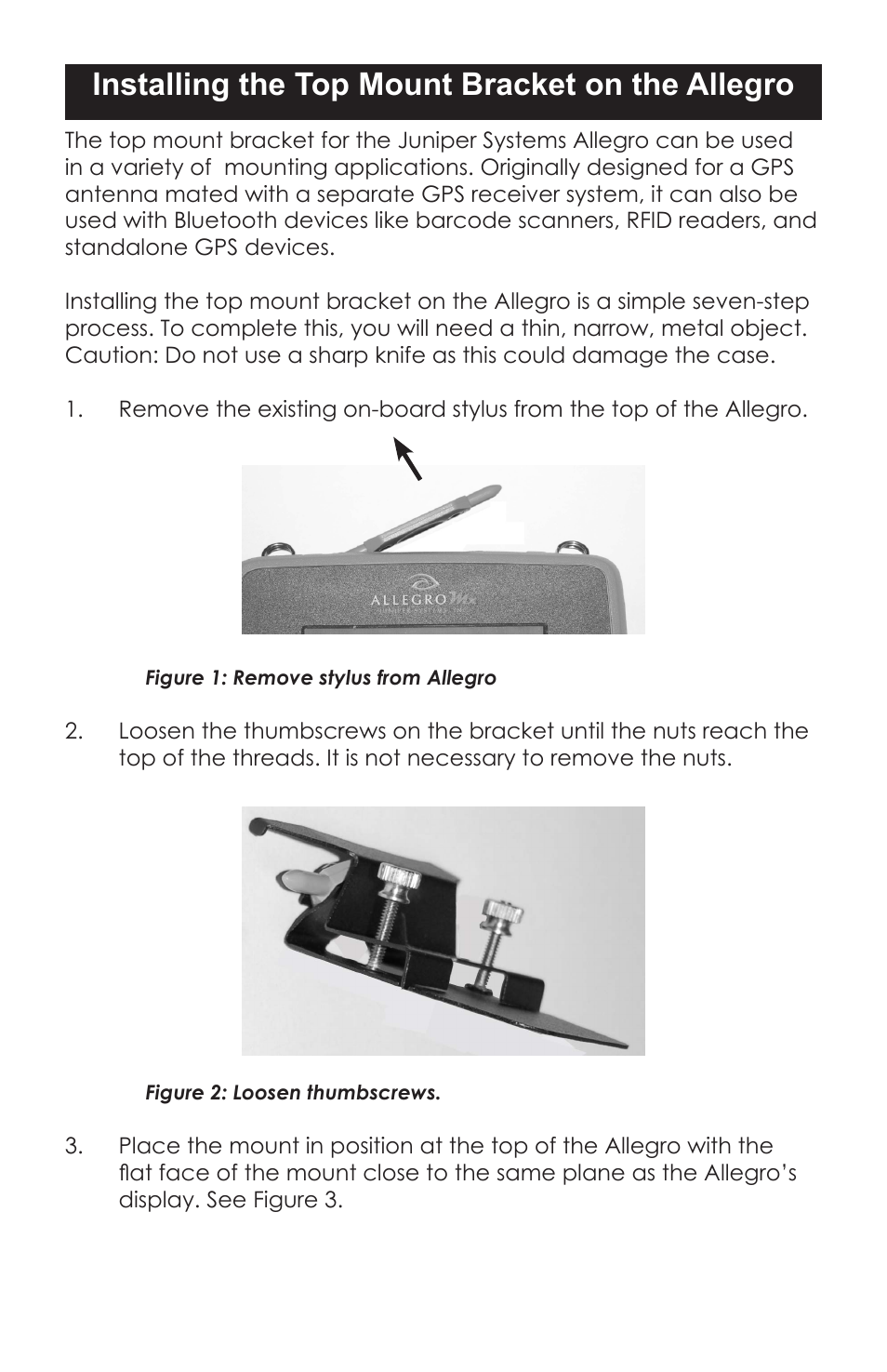 Installing the top mount bracket on the allegro | Juniper Systems Allegro Top Mounting Bracket User Manual | Page 3 / 4