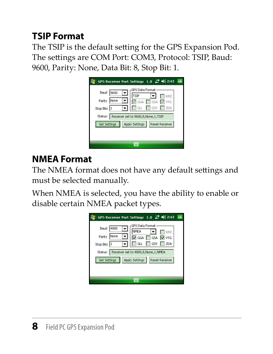Tsip format, Nmea format | Juniper Systems Trimble Lassen GPS Expansion Pod User Manual | Page 8 / 11