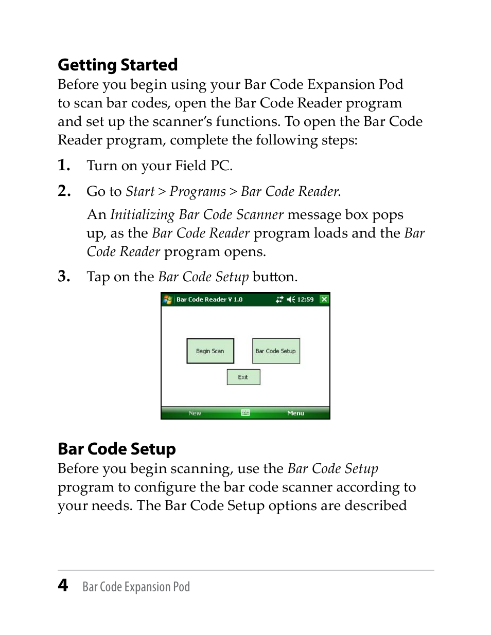 Getting started, Bar code setup | Juniper Systems Barcode Expansion Pod User Manual | Page 4 / 22