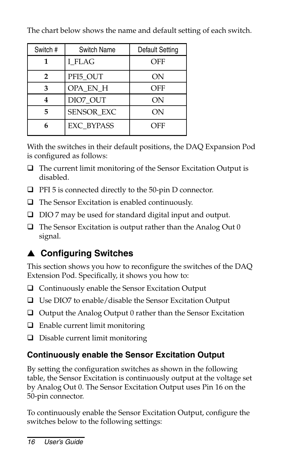 Configuring switches, Continuously enable the sensor excitation output, Conﬁguring switches | Juniper Systems Allegro DAQ User Manual | Page 16 / 28