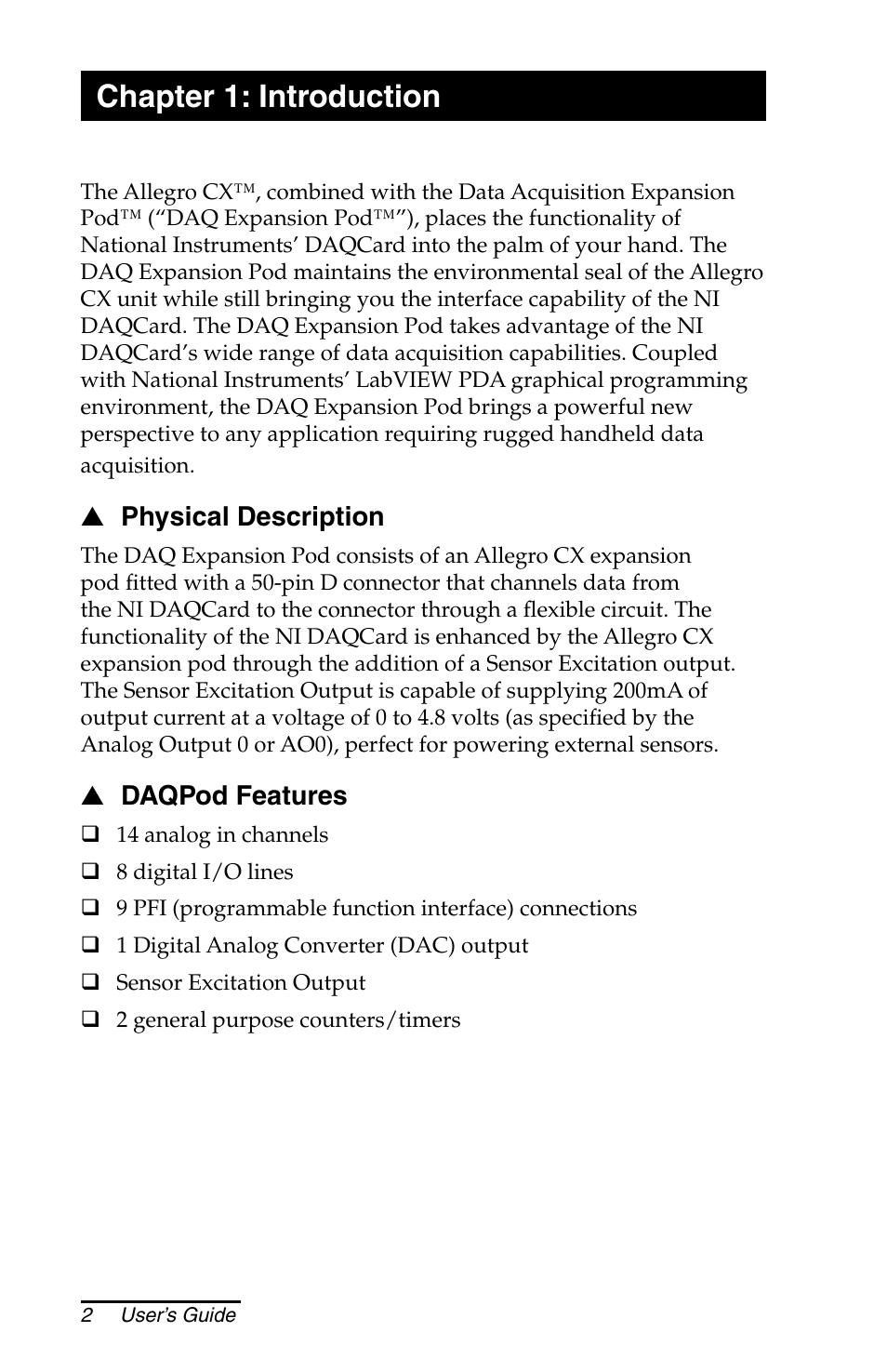 Chapter 1: introduction, Physical description, Daqpod features | Physical description daqpod features | Juniper Systems Allegro DAQ User Manual | Page 2 / 28