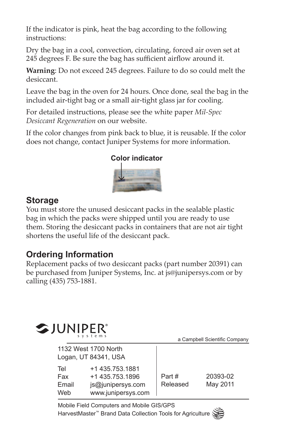 Storage, Ordering information | Juniper Systems Allegro Desiccant Kit User Manual | Page 4 / 5