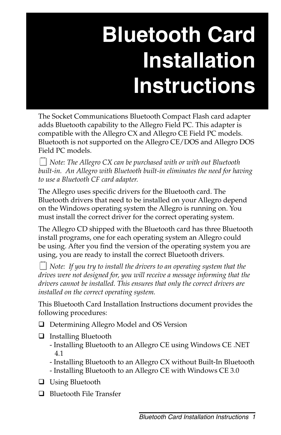 Juniper Systems Allegro CX and CE Bluetooth CF Card User Manual | 32 pages