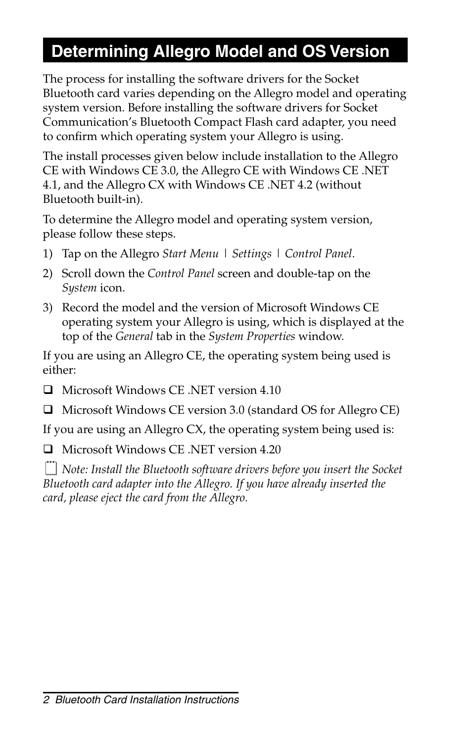 Determining allegro model and os version | Juniper Systems Allegro CX and CE Bluetooth CF Card User Manual | Page 2 / 32