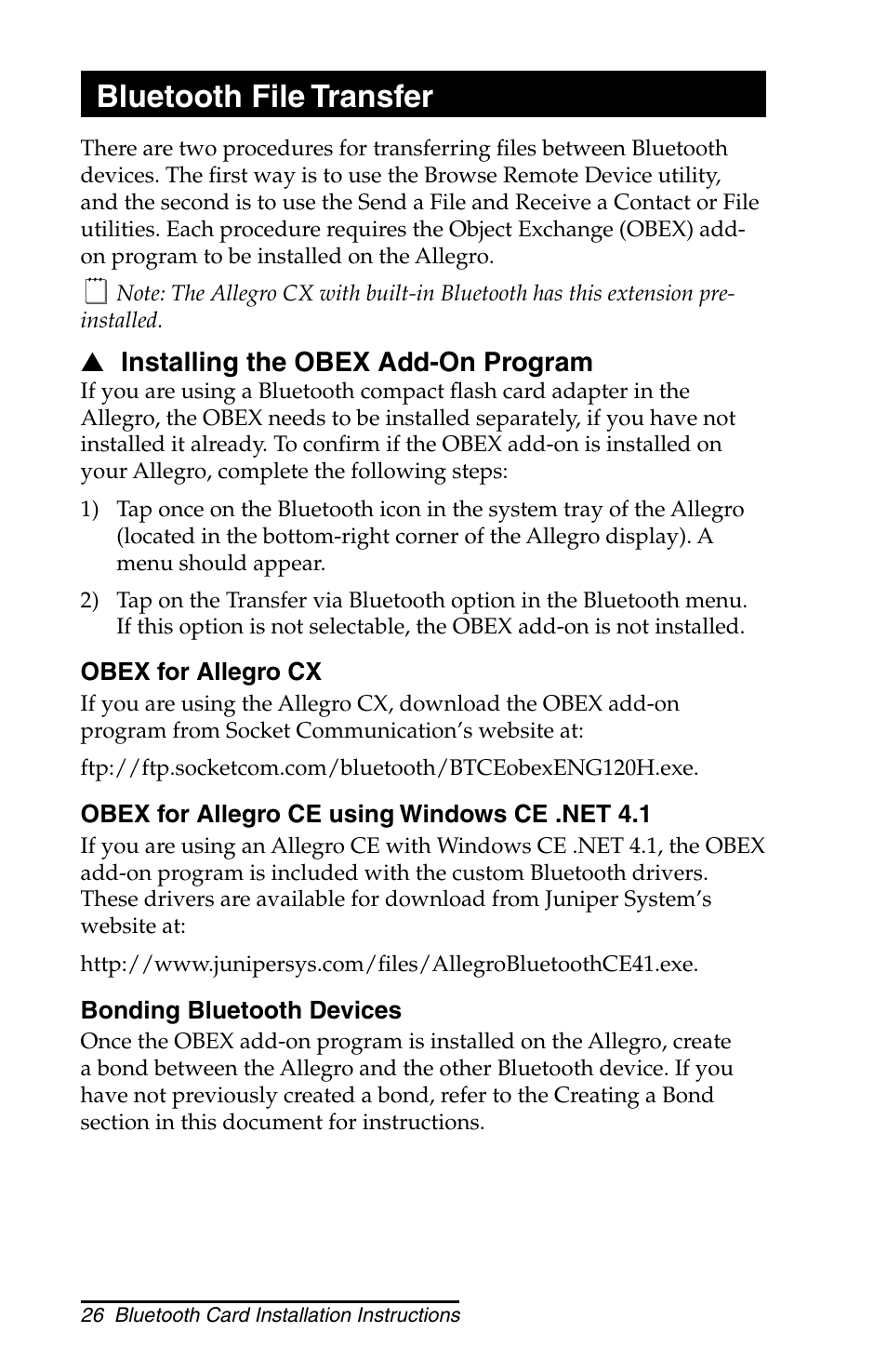 Bluetooth file transfer | Juniper Systems Allegro CX and CE Bluetooth CF Card User Manual | Page 26 / 32