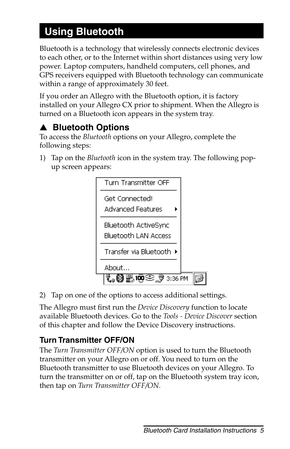 Using bluetooth | Juniper Systems Allegro CX and CE Bluetooth CF Card User Manual | Page 5 / 32