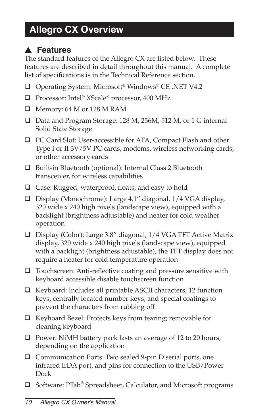 Allegro cx overview, Features | Juniper Systems Allegro CX Manual User Manual | Page 10 / 304