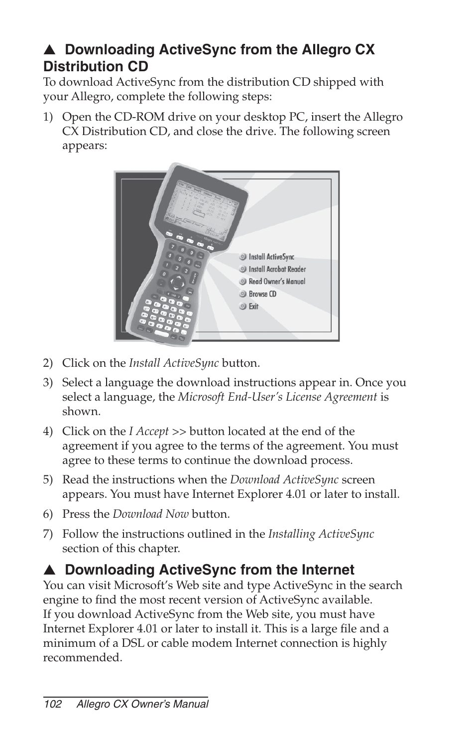 Downloading activesync from the internet, Downloading activesync from cd-rom | Juniper Systems Allegro CX Manual User Manual | Page 102 / 304