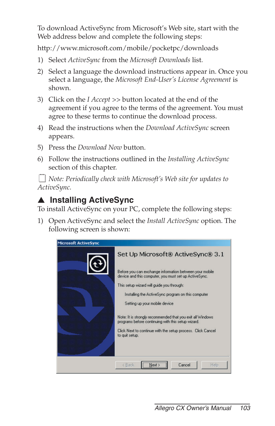 Installing activesync, Installing, Activesync | Juniper Systems Allegro CX Manual User Manual | Page 103 / 304