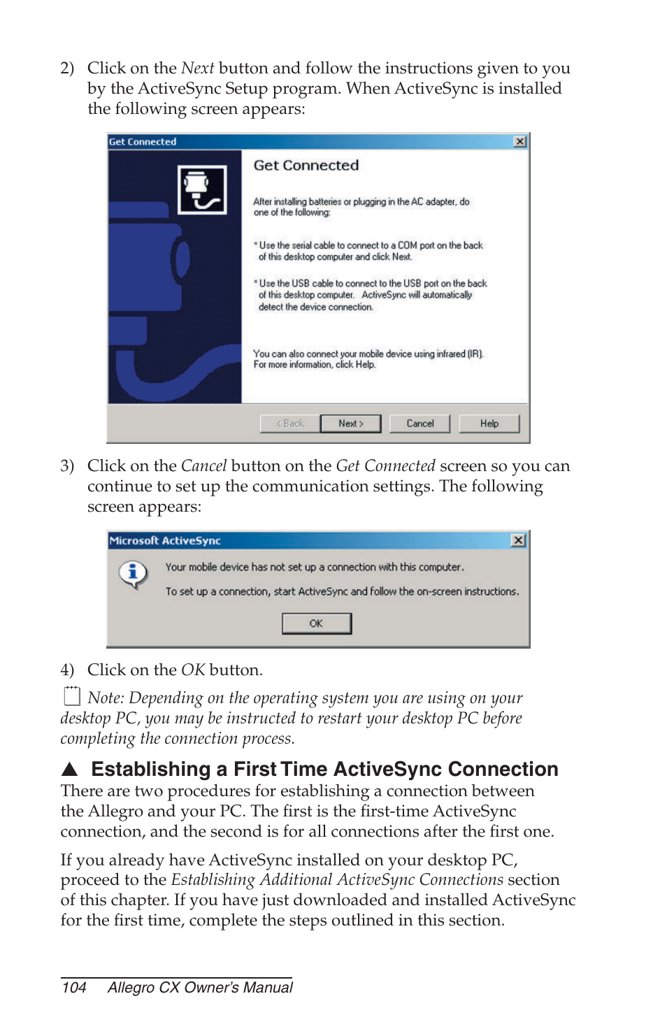 Establishing a first time activesync connection | Juniper Systems Allegro CX Manual User Manual | Page 104 / 304