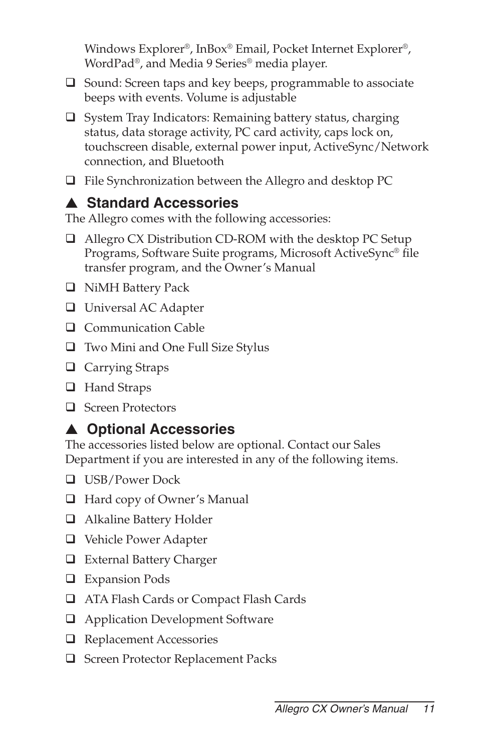 Standard accessories, Optional accessories | Juniper Systems Allegro CX Manual User Manual | Page 11 / 304