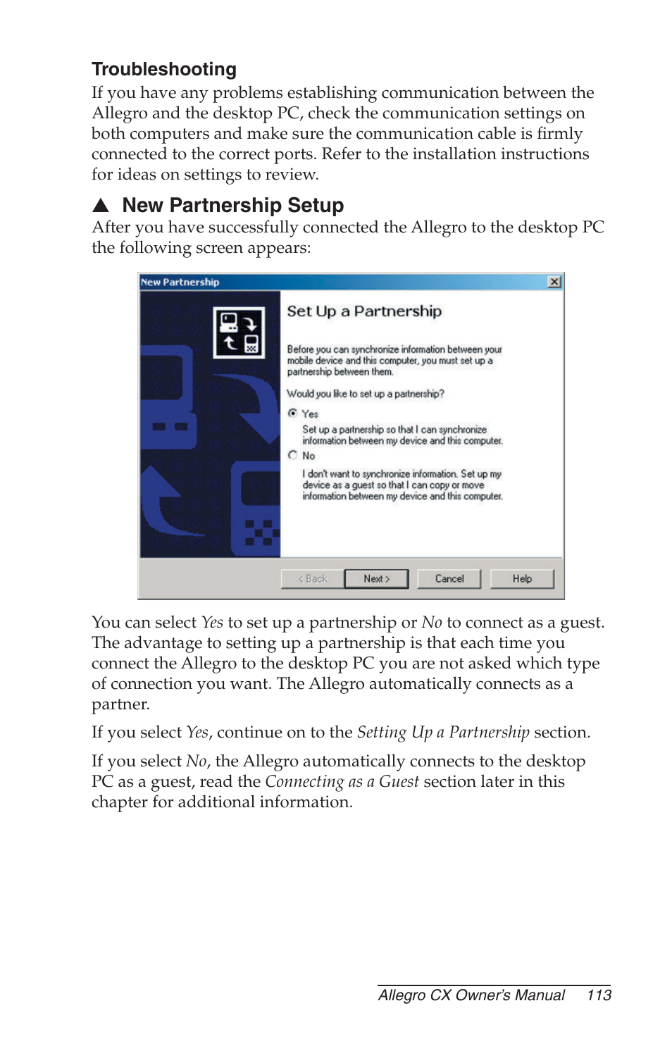 Troubleshooting, New partnership setup | Juniper Systems Allegro CX Manual User Manual | Page 113 / 304