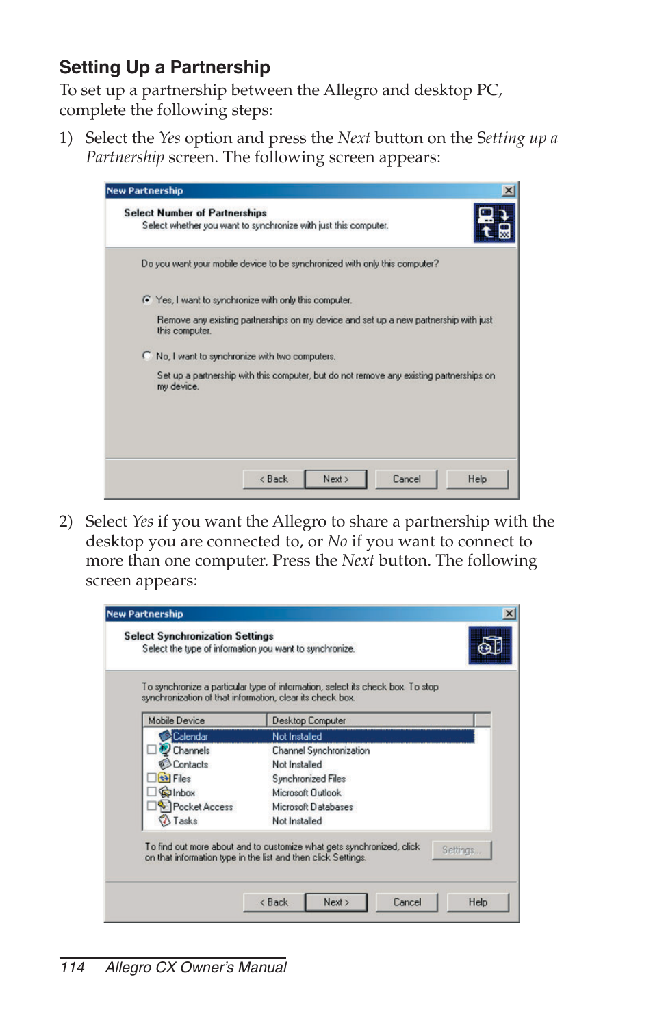 Setting up a partnership | Juniper Systems Allegro CX Manual User Manual | Page 114 / 304