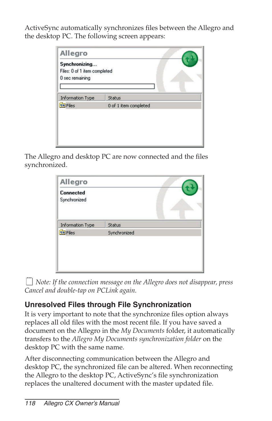 Unresolved files through file synchronization | Juniper Systems Allegro CX Manual User Manual | Page 118 / 304