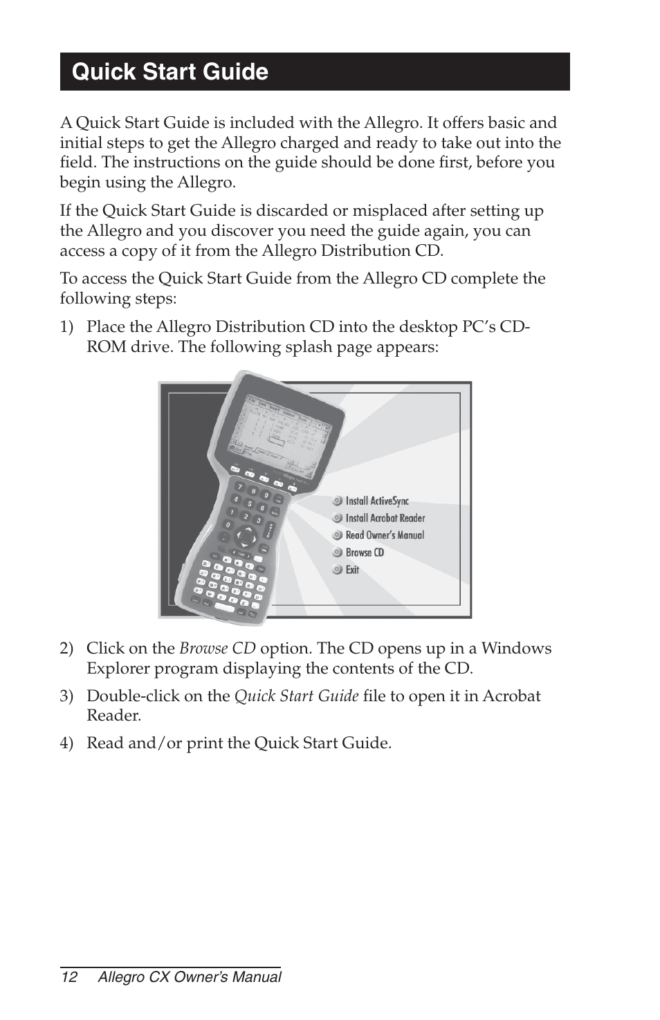 Quick start guide | Juniper Systems Allegro CX Manual User Manual | Page 12 / 304