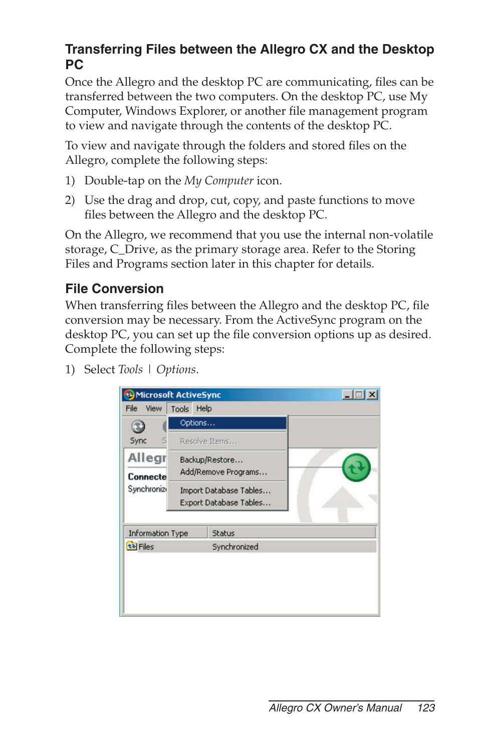 File conversion, Transferring, Files | Juniper Systems Allegro CX Manual User Manual | Page 123 / 304