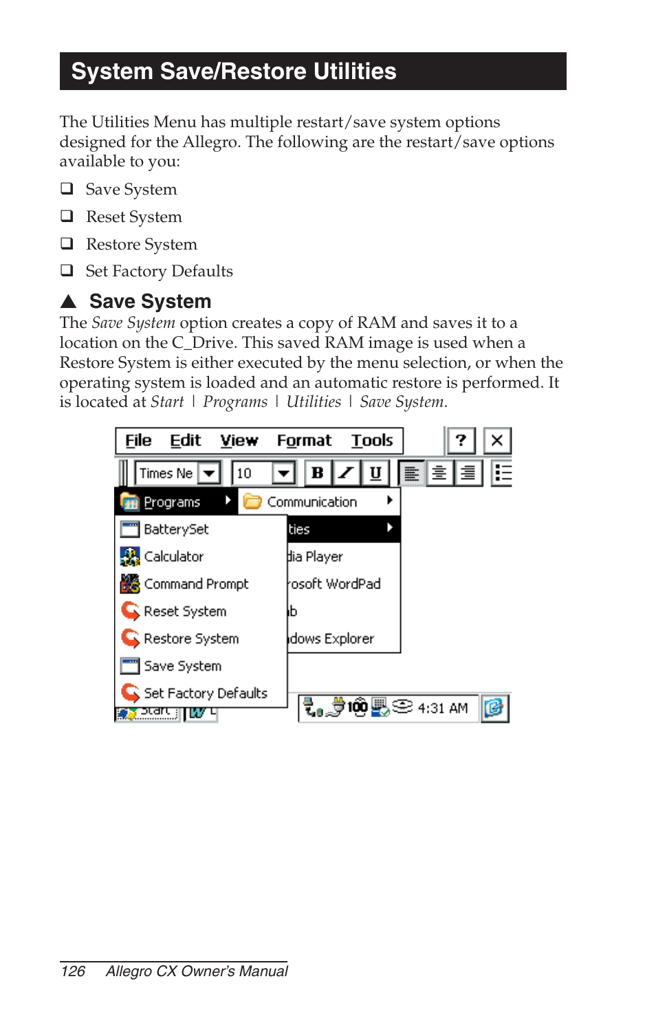 System save/restore utilities, Save system | Juniper Systems Allegro CX Manual User Manual | Page 126 / 304