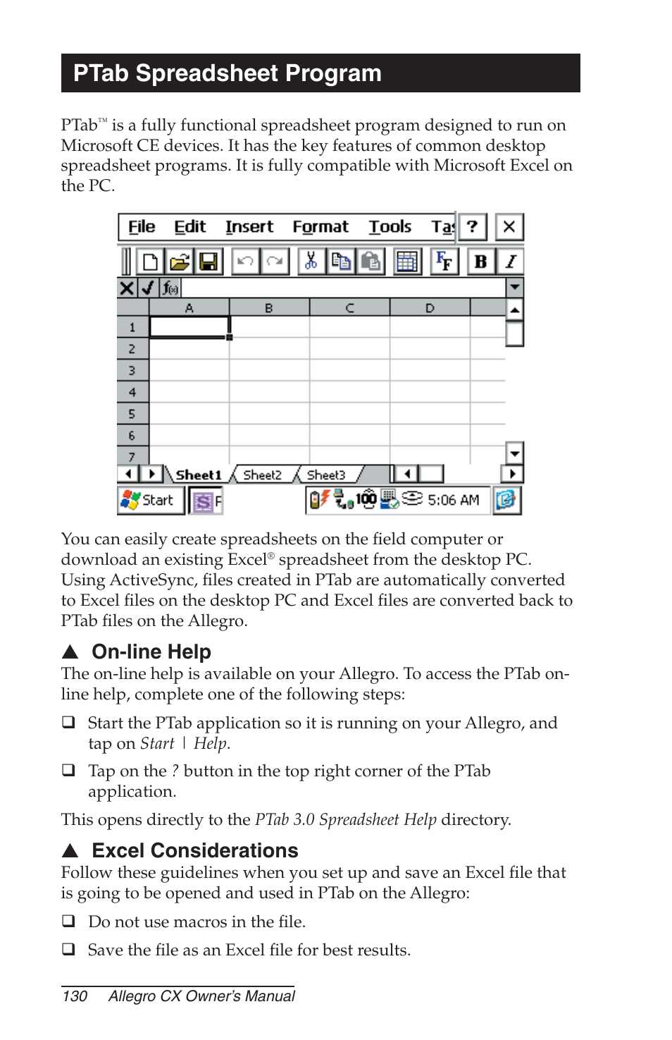 Ptab spreadsheet program, On-line help, Excel considerations | Juniper Systems Allegro CX Manual User Manual | Page 130 / 304