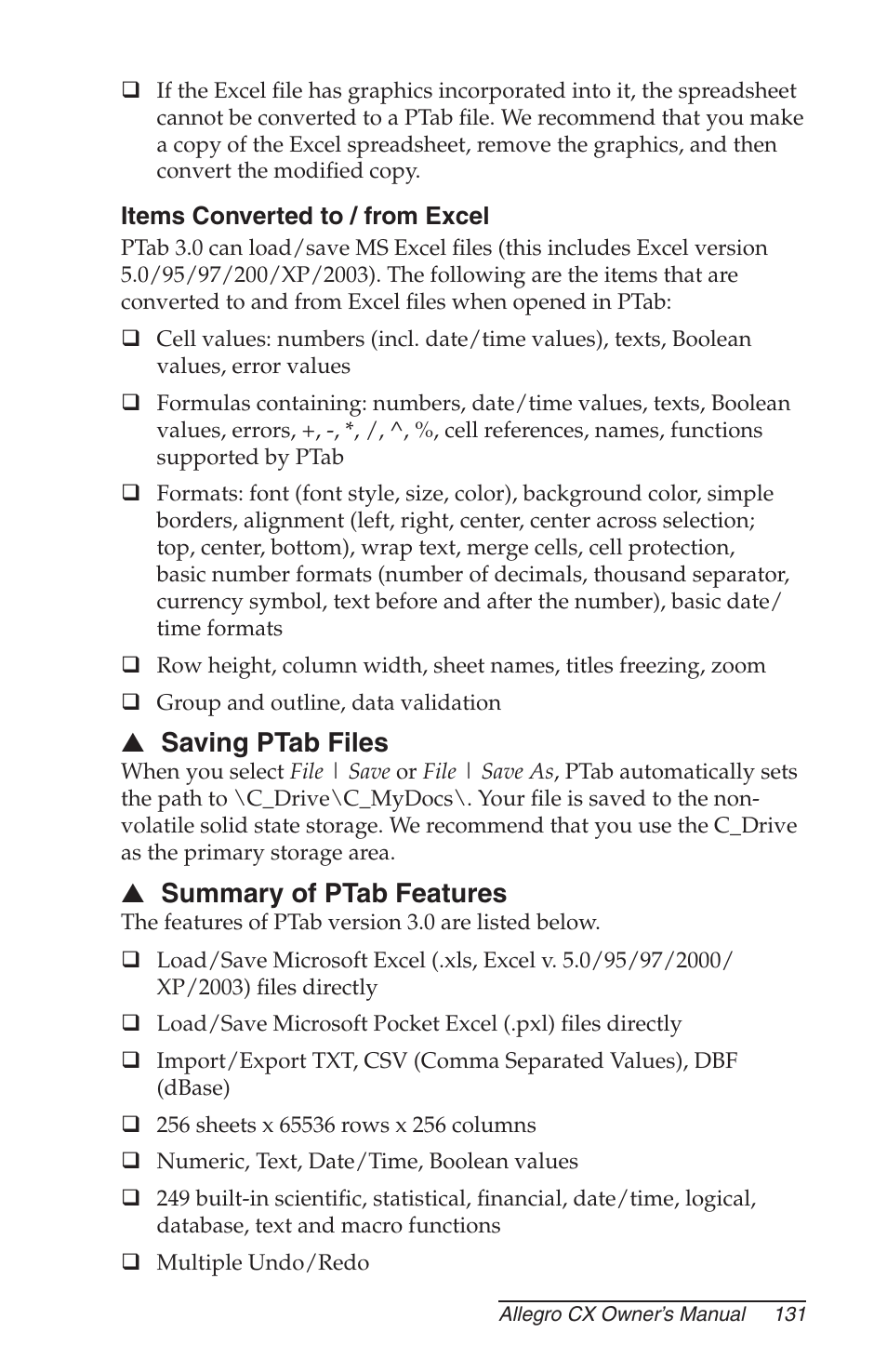 Items converted to / from excel, Saving ptab files, Summary of ptab features | Juniper Systems Allegro CX Manual User Manual | Page 131 / 304