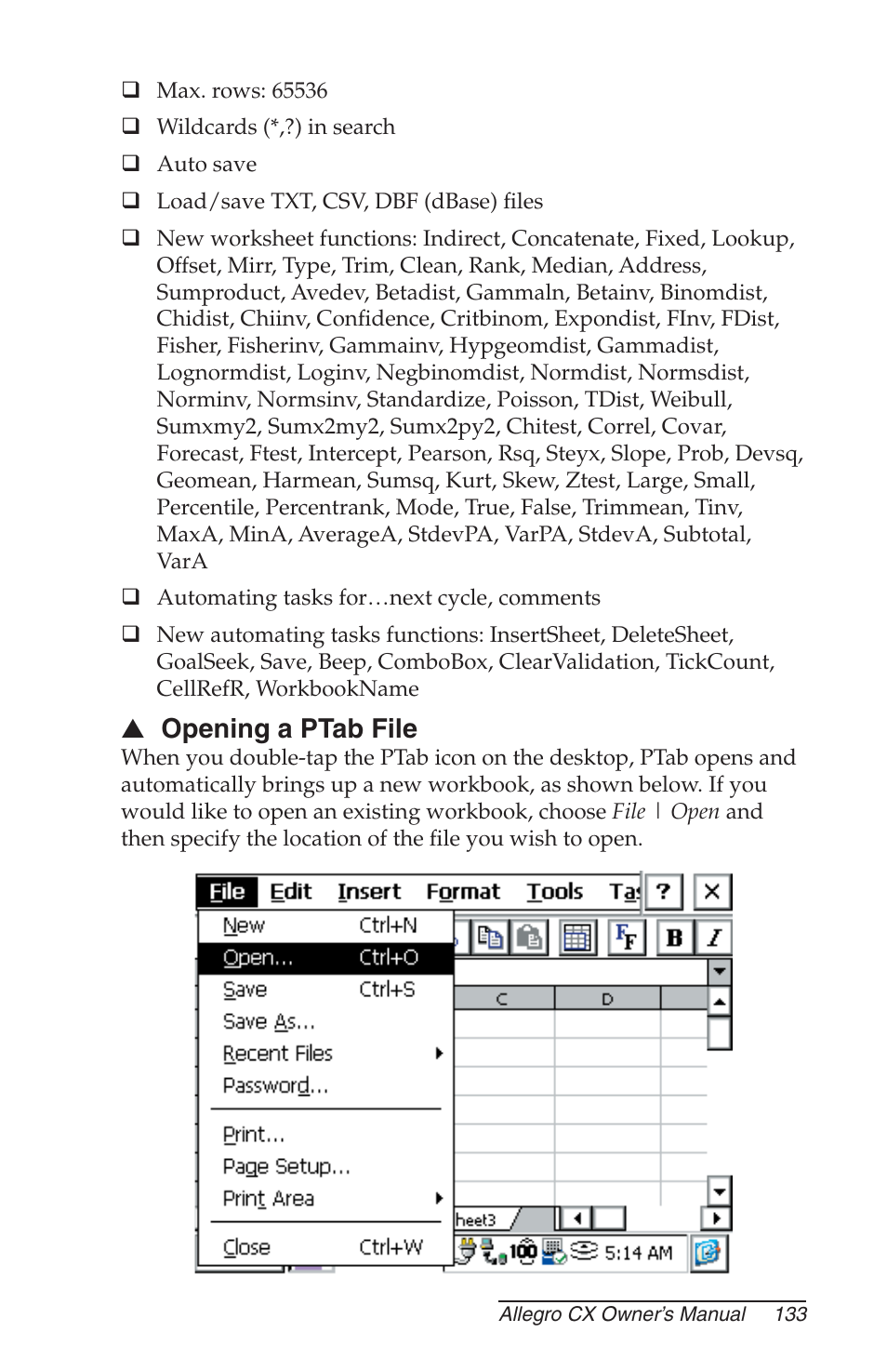 Opening a ptab file | Juniper Systems Allegro CX Manual User Manual | Page 133 / 304