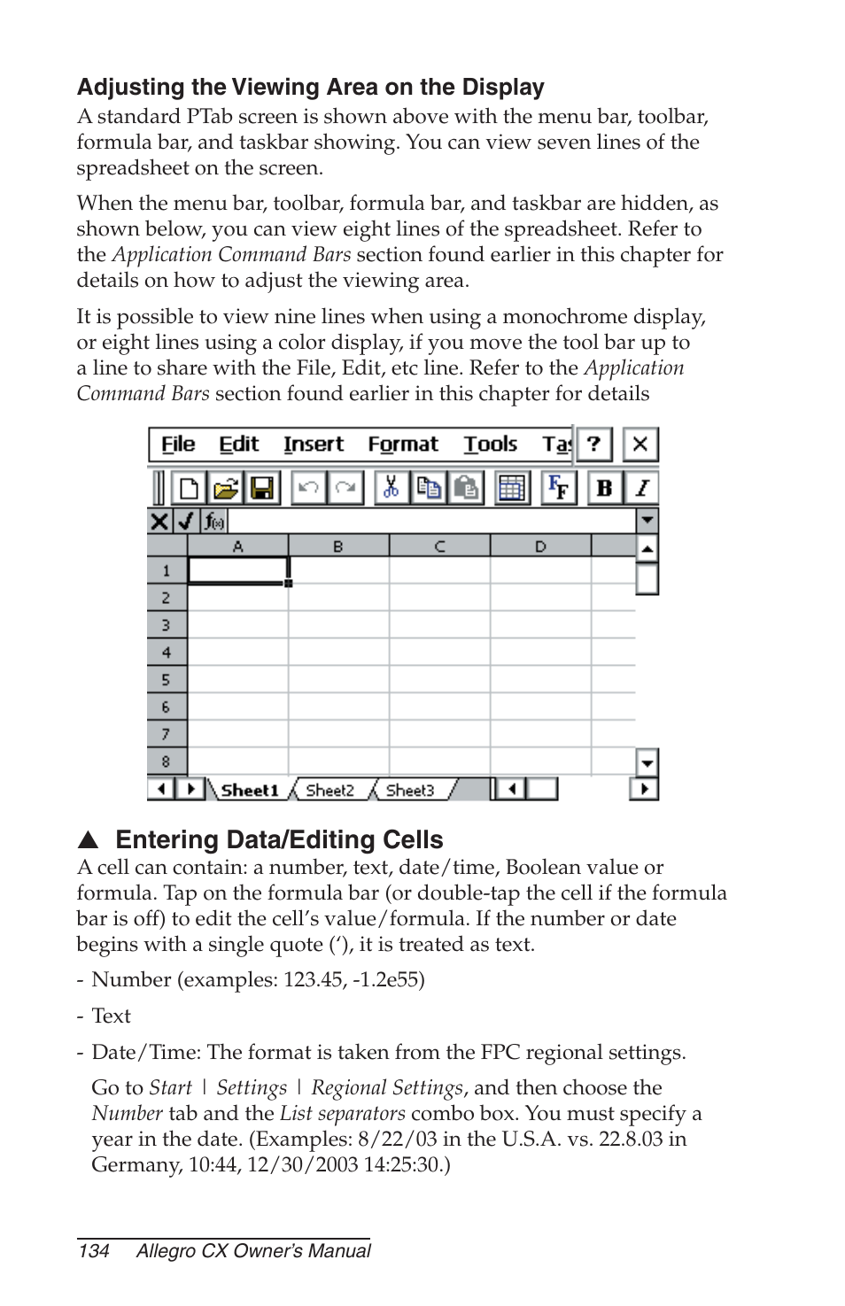 Adjusting the viewing area on the display, Entering data/editing cells | Juniper Systems Allegro CX Manual User Manual | Page 134 / 304