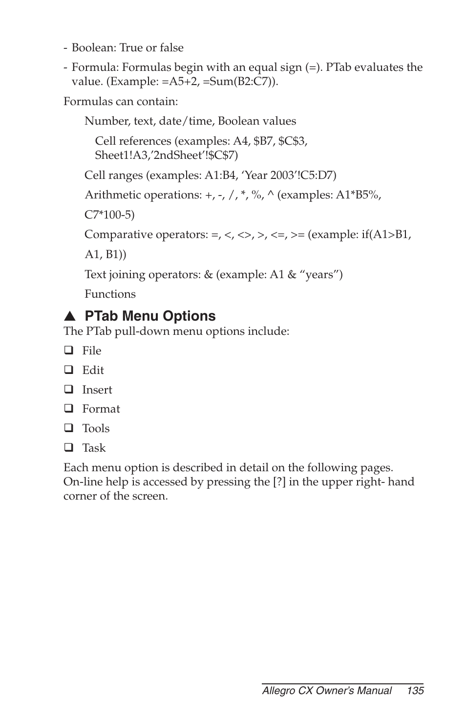 Ptab menu options | Juniper Systems Allegro CX Manual User Manual | Page 135 / 304