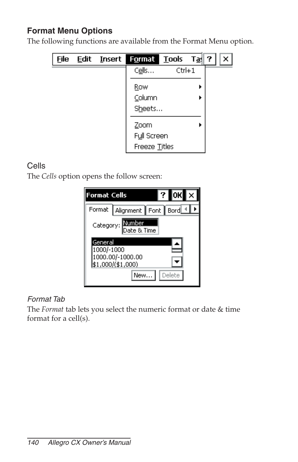 Format menu options, Cells, Format tab | Juniper Systems Allegro CX Manual User Manual | Page 140 / 304