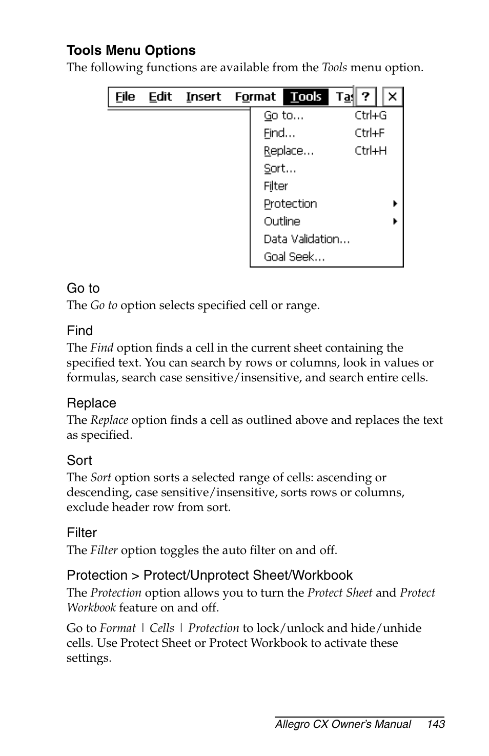 Tools menu options, Go to, Find | Replace, Sort, Filter, Protection > protect/unprotect sheet/workbook | Juniper Systems Allegro CX Manual User Manual | Page 143 / 304