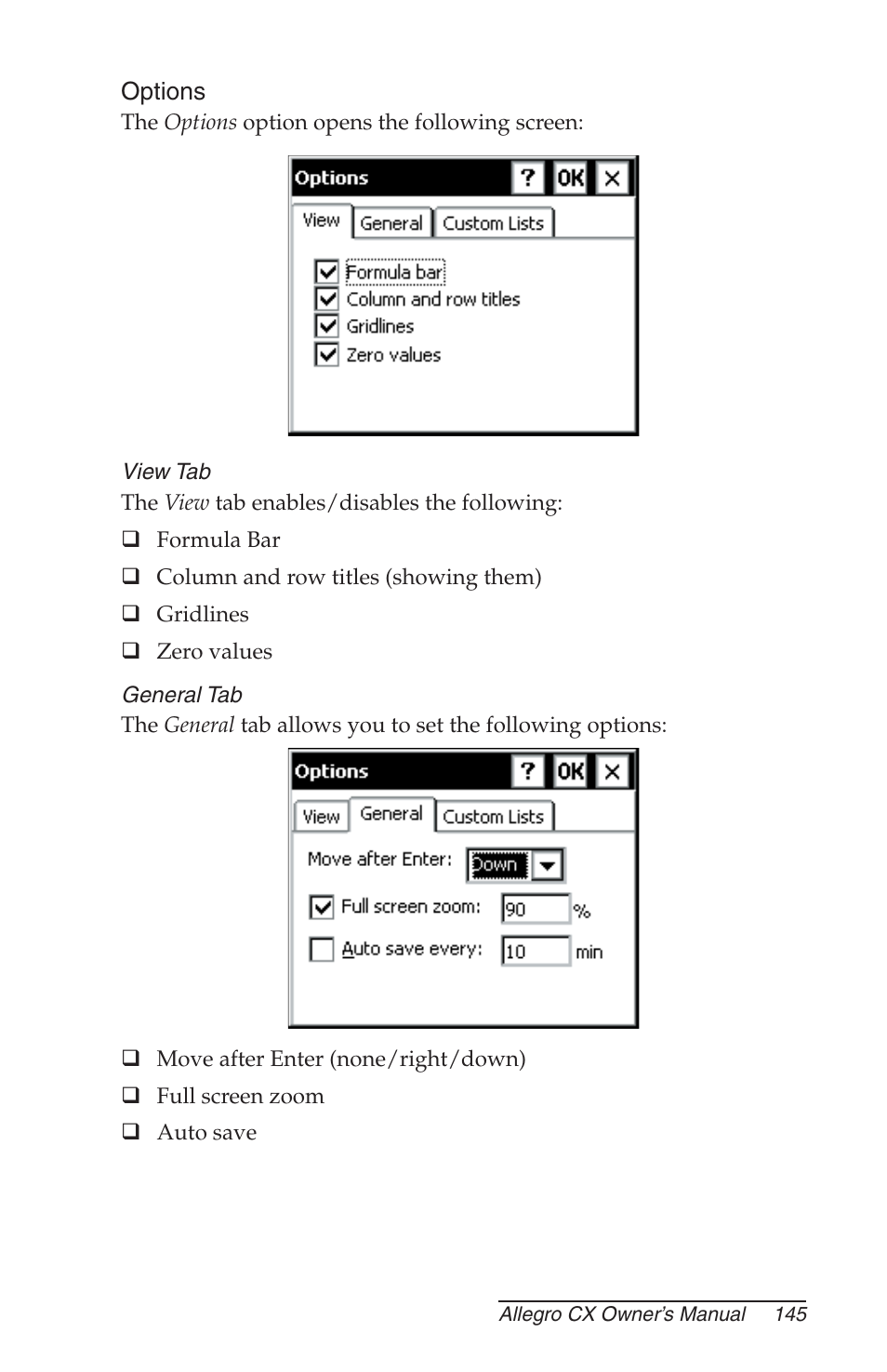 Options, View tab, General tab | Juniper Systems Allegro CX Manual User Manual | Page 145 / 304