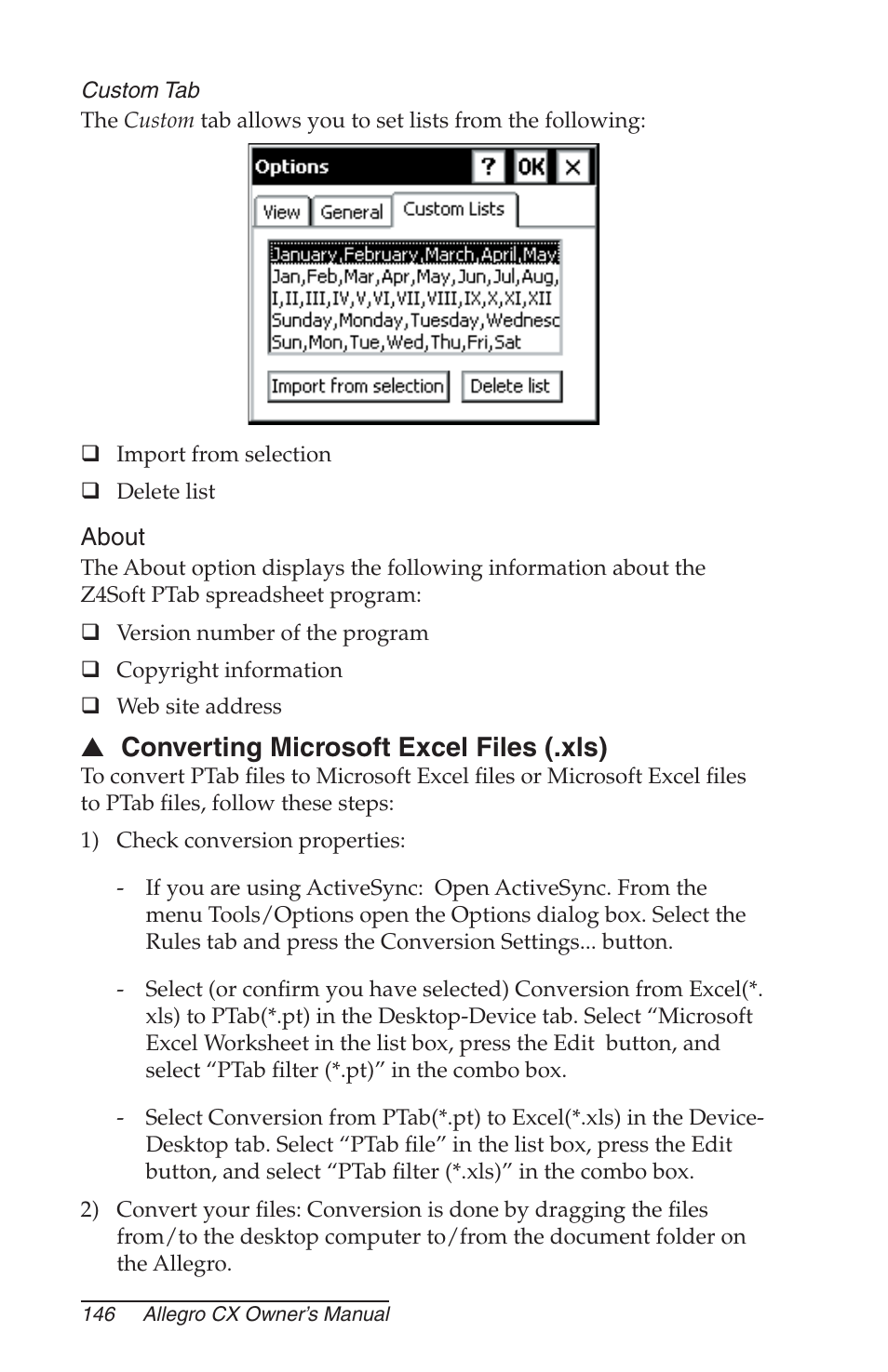 Custom tab, About, Converting microsoft excel files (.xls) | Juniper Systems Allegro CX Manual User Manual | Page 146 / 304