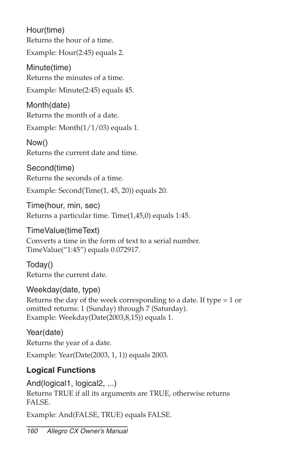 Logical functions | Juniper Systems Allegro CX Manual User Manual | Page 160 / 304