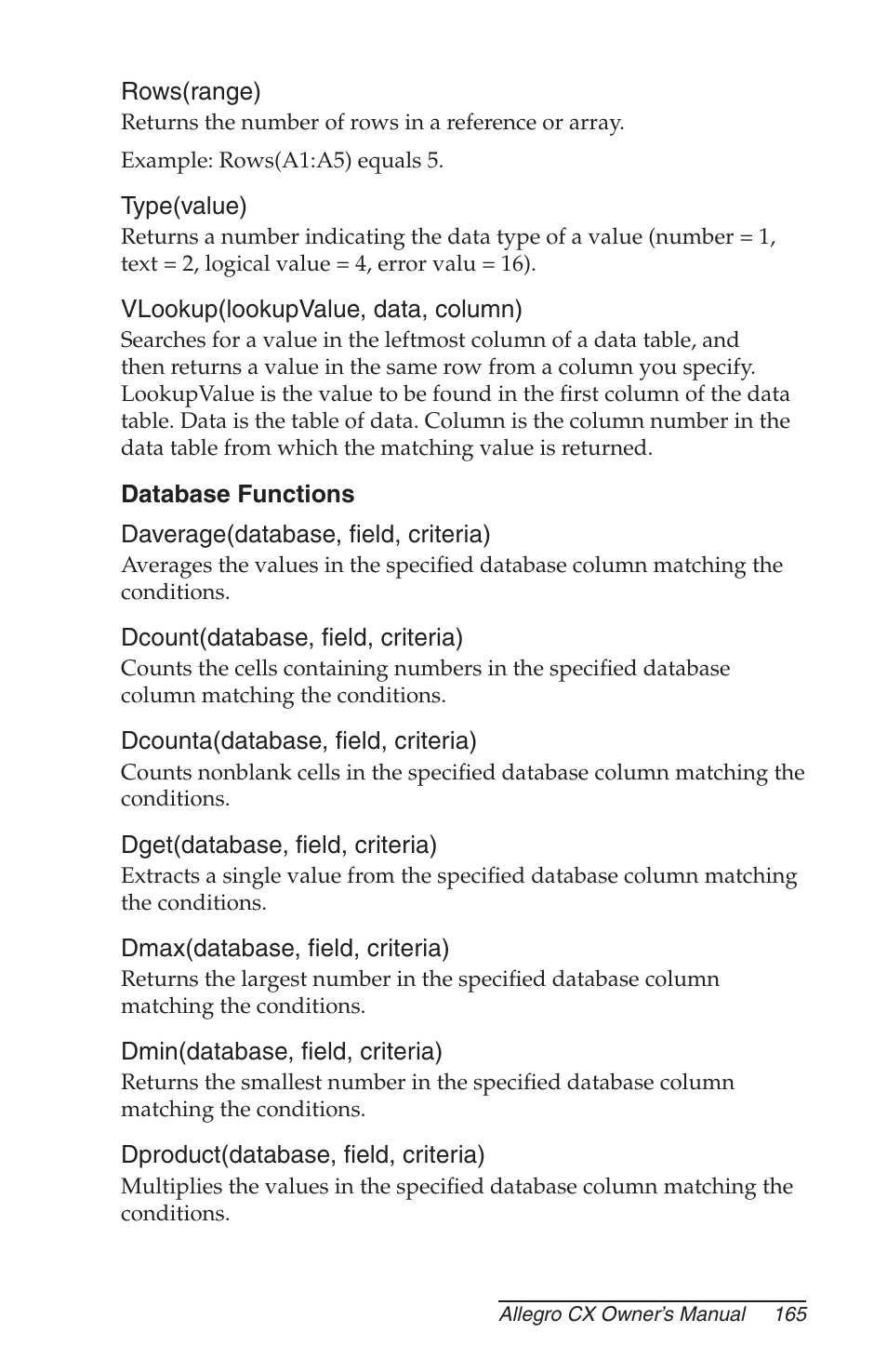 Database functions | Juniper Systems Allegro CX Manual User Manual | Page 165 / 304