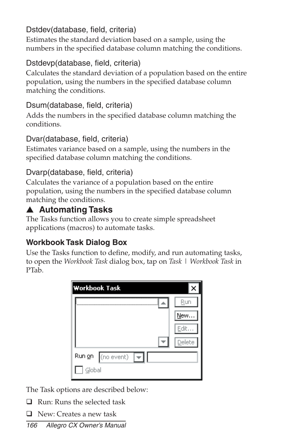 Automating tasks, Workbook task dialog box | Juniper Systems Allegro CX Manual User Manual | Page 166 / 304