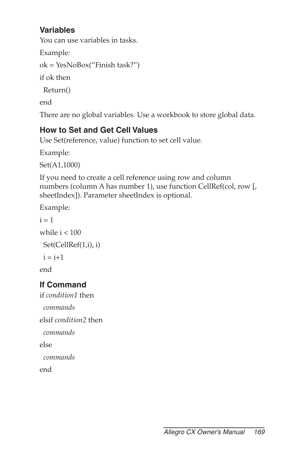 Variables, How to set and get cell values, If command | Juniper Systems Allegro CX Manual User Manual | Page 169 / 304