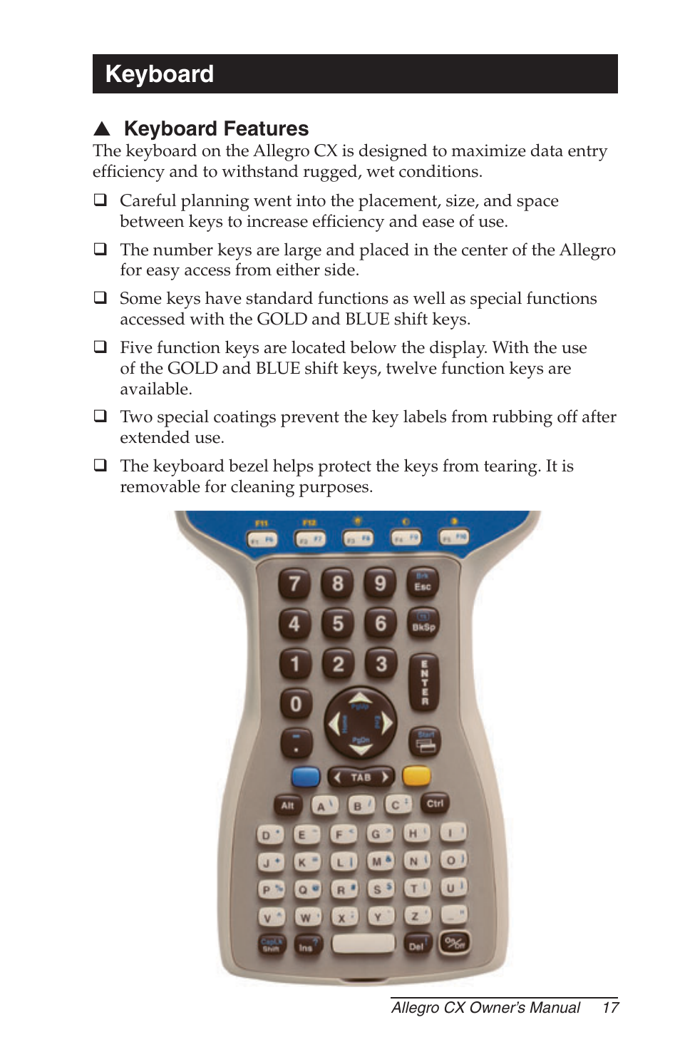 Keyboard, Keyboard features | Juniper Systems Allegro CX Manual User Manual | Page 17 / 304