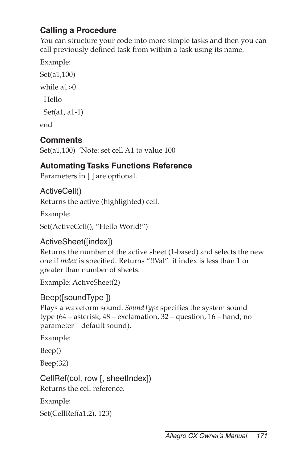 Calling a procedure, Comments, Automating tasks functions reference | Juniper Systems Allegro CX Manual User Manual | Page 171 / 304