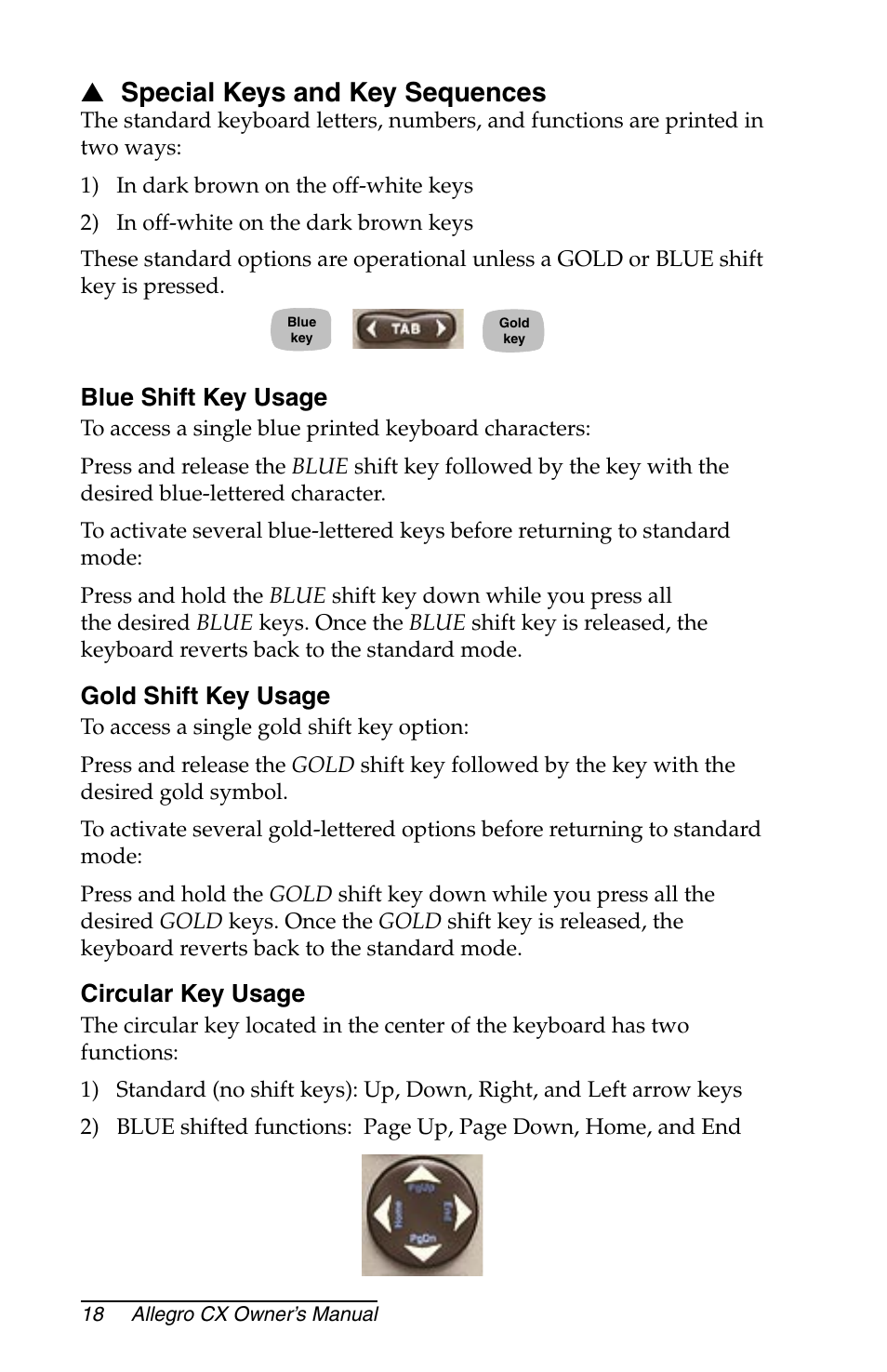 Special keys and key sequences, Blue shift key usage, Gold shift key usage | Circular key usage | Juniper Systems Allegro CX Manual User Manual | Page 18 / 304