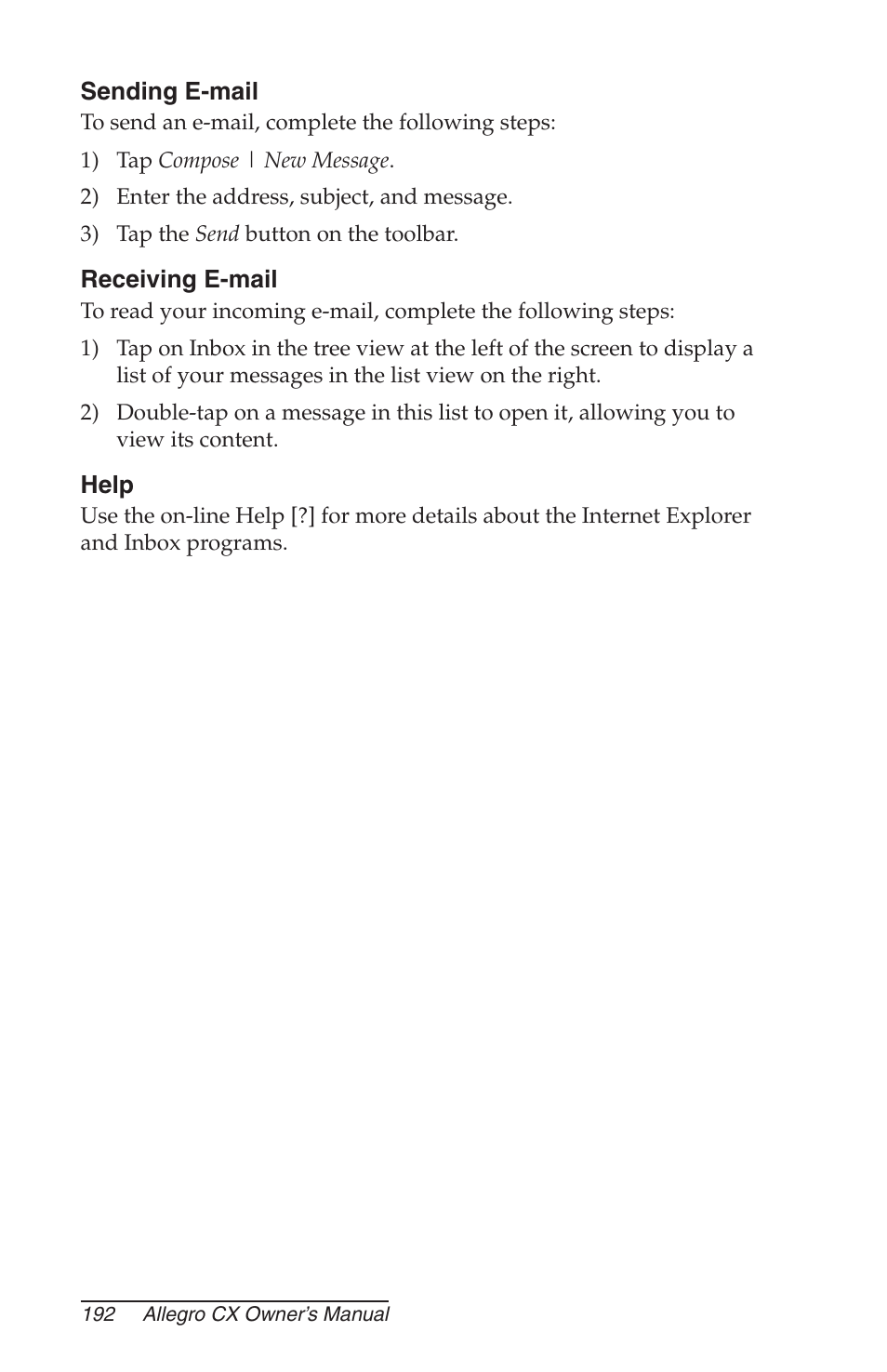 Sending e-mail, Receiving e-mail, Help | Juniper Systems Allegro CX Manual User Manual | Page 192 / 304