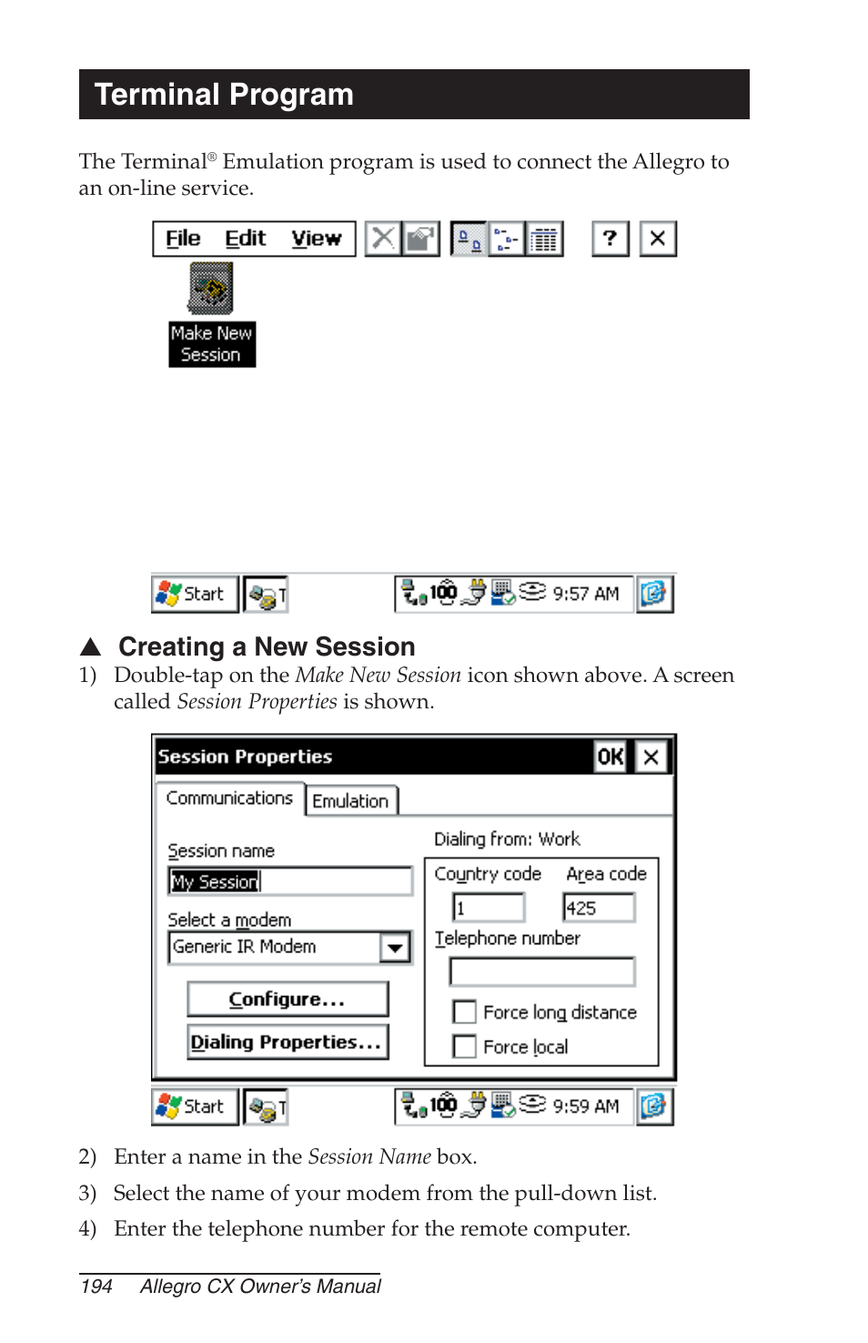 Terminal program, Creating a new session | Juniper Systems Allegro CX Manual User Manual | Page 194 / 304