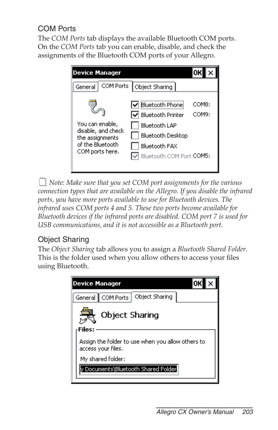 Com ports, Object sharing | Juniper Systems Allegro CX Manual User Manual | Page 203 / 304