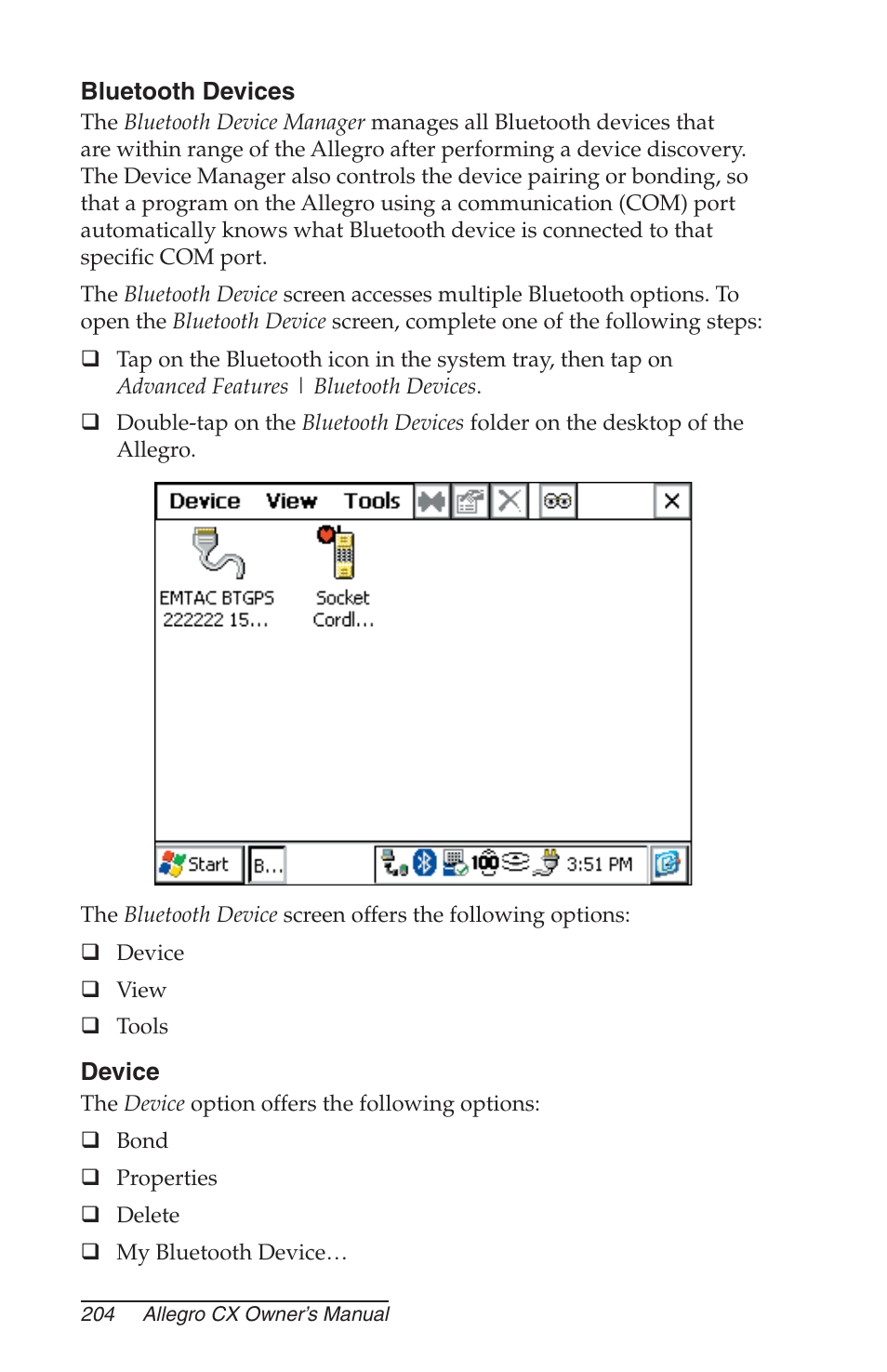 Bluetooth devices, Device | Juniper Systems Allegro CX Manual User Manual | Page 204 / 304