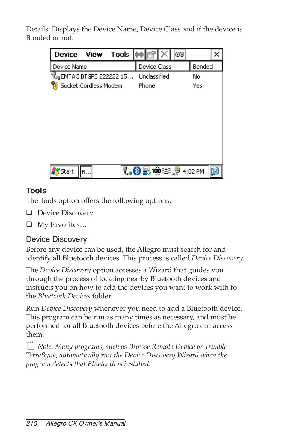 Tools, Device discovery | Juniper Systems Allegro CX Manual User Manual | Page 210 / 304