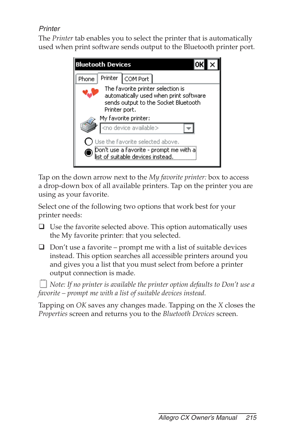 Printer | Juniper Systems Allegro CX Manual User Manual | Page 215 / 304