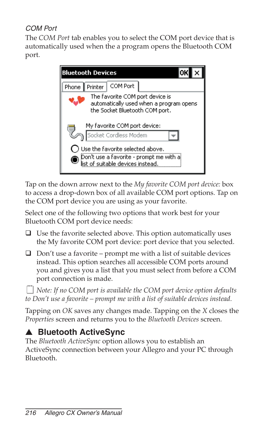 Com port, Bluetooth activesync | Juniper Systems Allegro CX Manual User Manual | Page 216 / 304