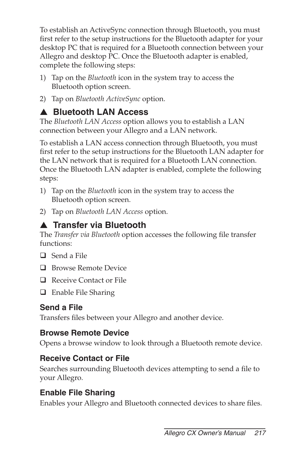 Bluetooth lan access, Transfer via bluetooth, Send a file | Browse remote device, Receive contact or file, Enable file sharing | Juniper Systems Allegro CX Manual User Manual | Page 217 / 304