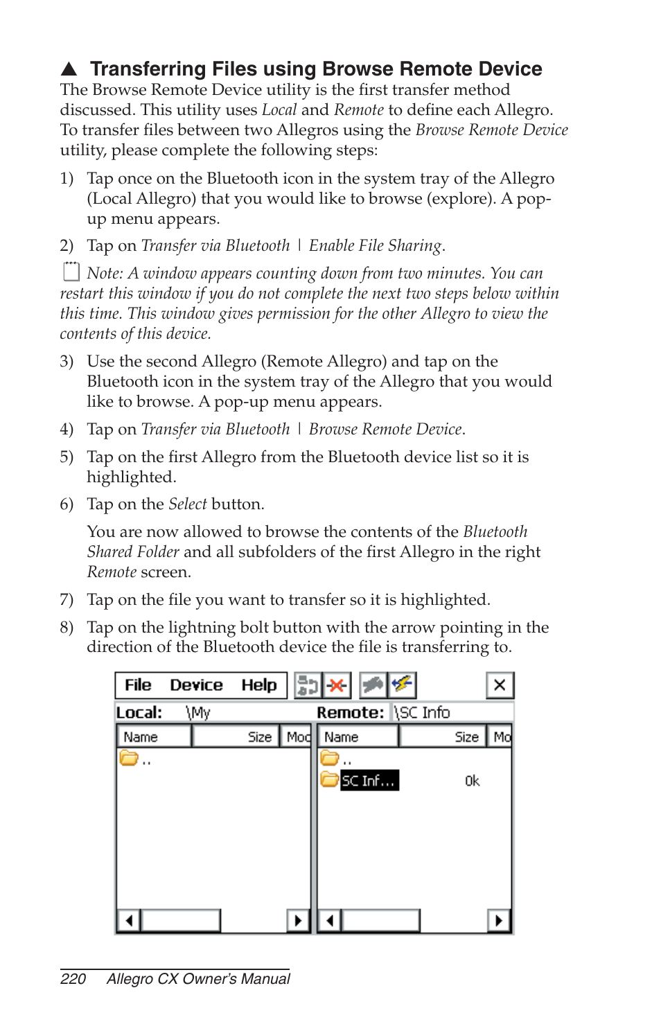 Transferring files using browse remote device | Juniper Systems Allegro CX Manual User Manual | Page 220 / 304