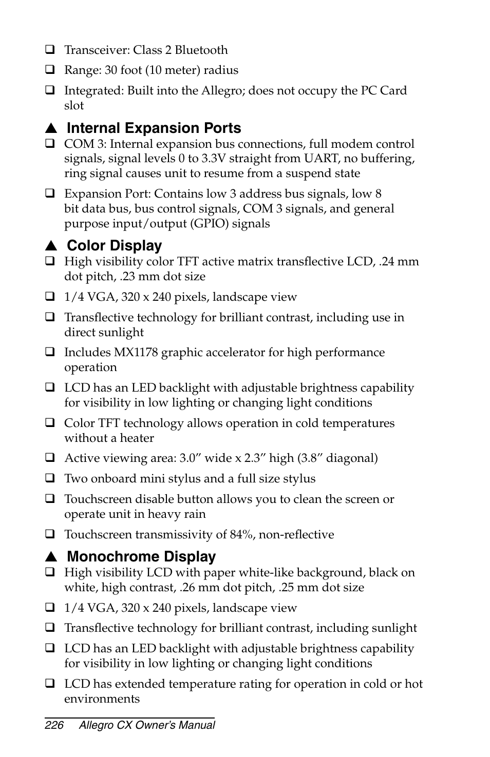 Internal expansion ports, Color display, Monochrome display | Juniper Systems Allegro CX Manual User Manual | Page 226 / 304