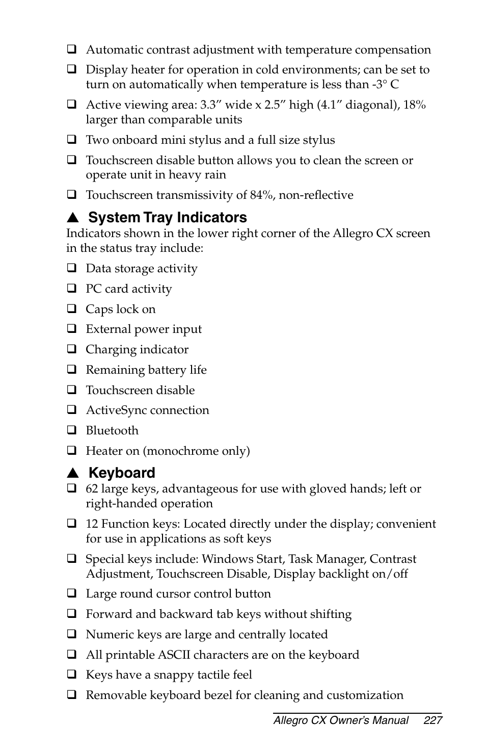 System tray indicators, Keyboard | Juniper Systems Allegro CX Manual User Manual | Page 227 / 304