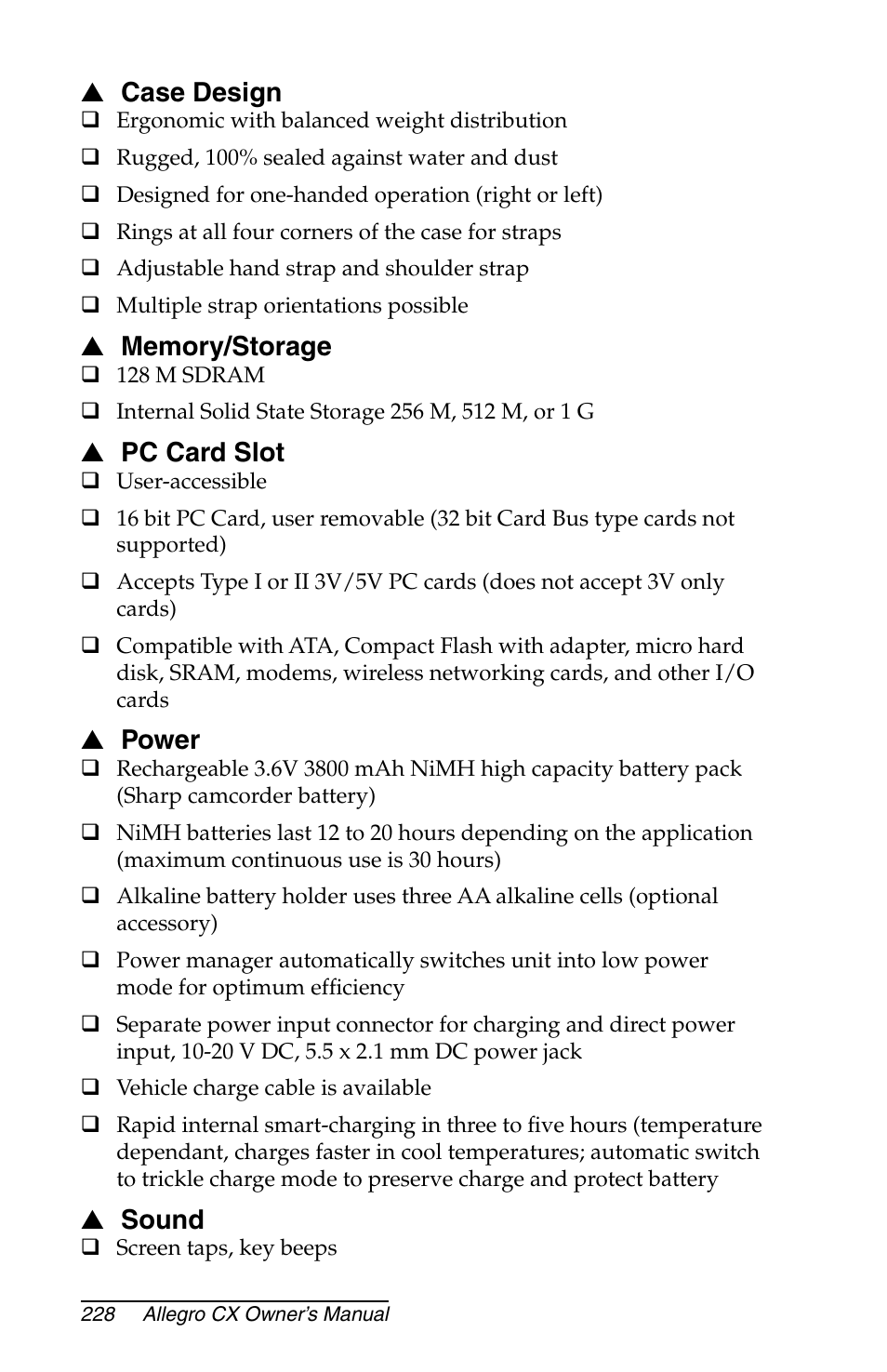 Case design, Memory/storage, Pc card slot | Power, Sound | Juniper Systems Allegro CX Manual User Manual | Page 228 / 304