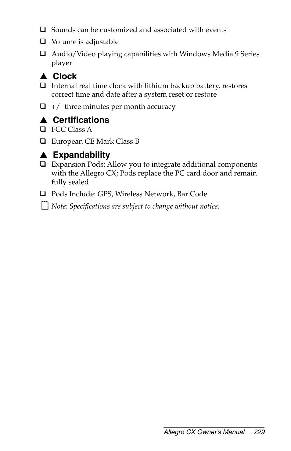 Clock, Certifications, Expandability | Juniper Systems Allegro CX Manual User Manual | Page 229 / 304